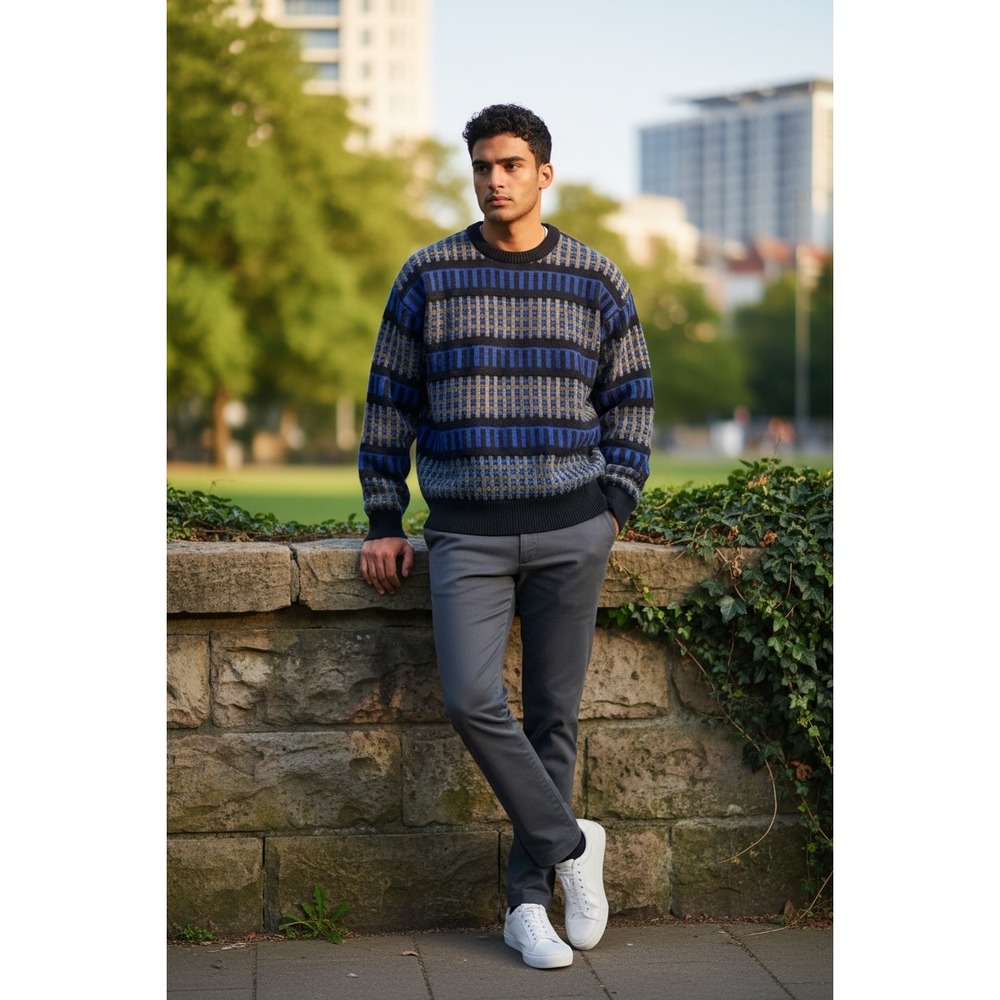 VTG Neiman Marcus Mens Wool Mohair Sweater France Blue Geometric Knit Sz 5 US L